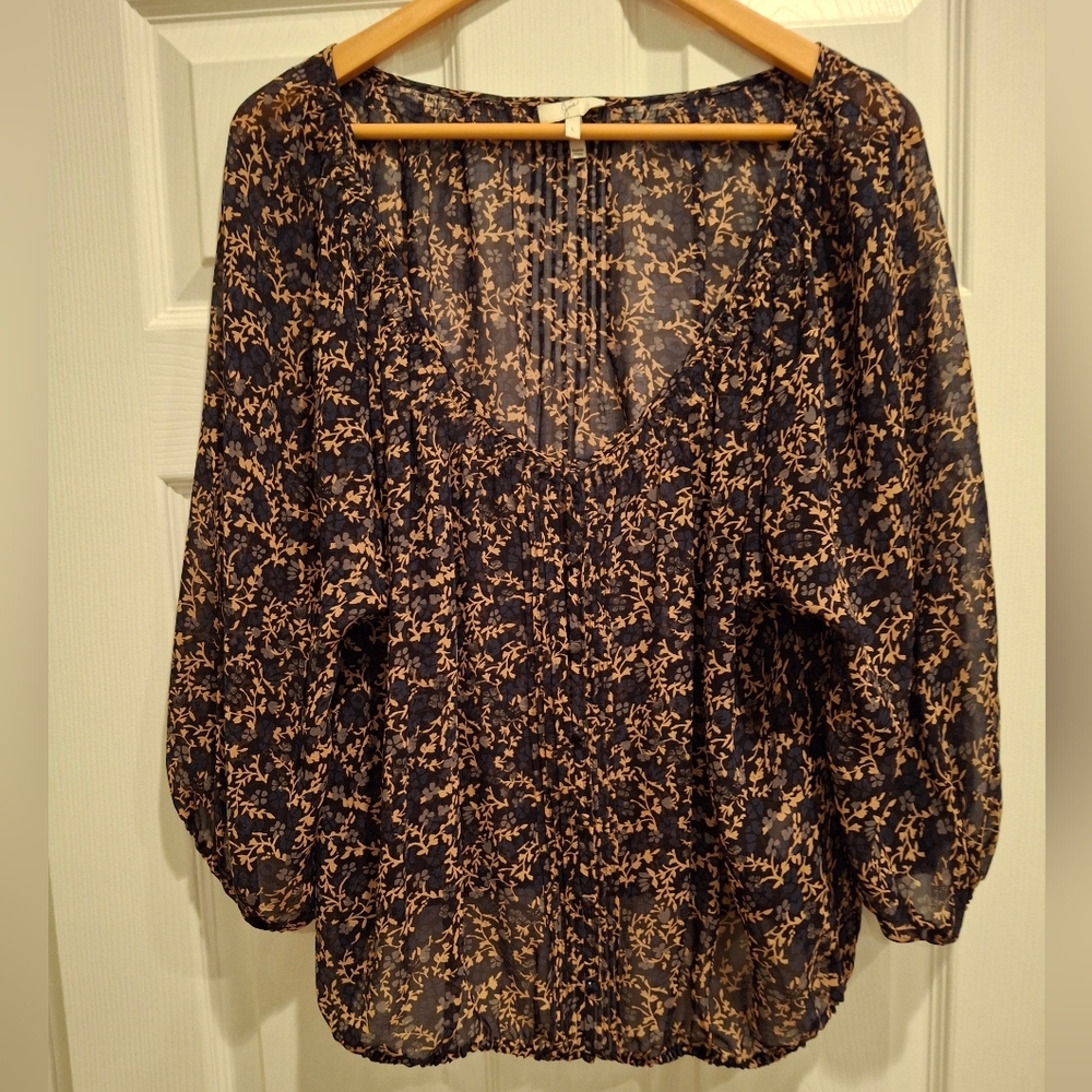 Joie Floral Sheer Navy and Tan Silk Blouse Sz L